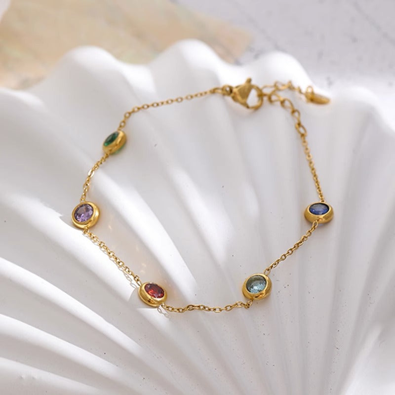Multicolor Stone Bracelet — Gold-Tone Chain Elegance